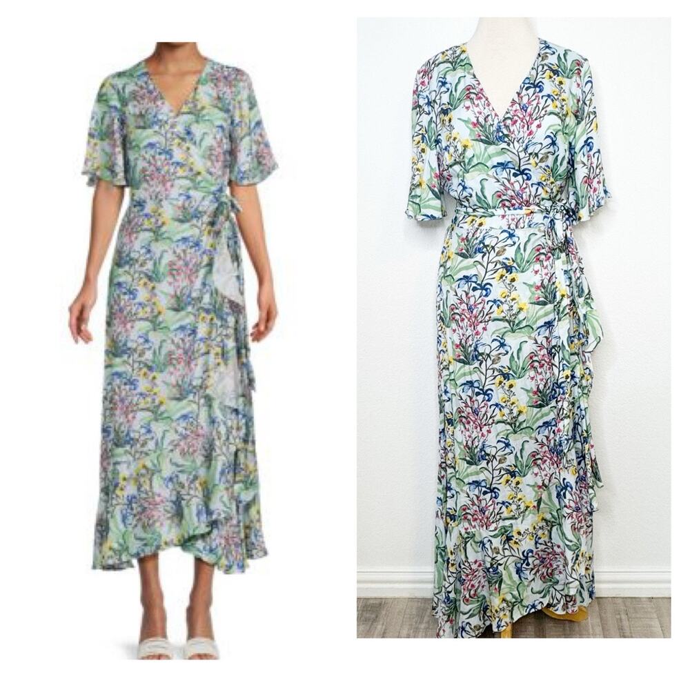 J McLaughlin Womens Audette Wrap Dress Size L Blue Silk Blend Vacation Botanical